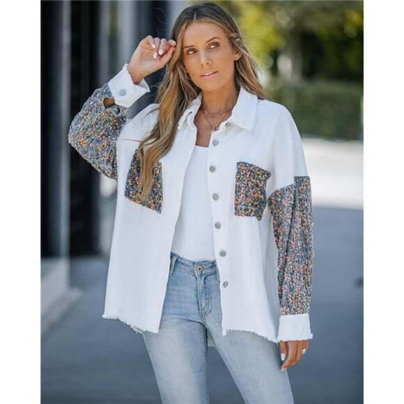 Sequin Patchwork Oversized Denim Shacket Long Sleeve Button Up Jacket Women - Picture 3 of 7